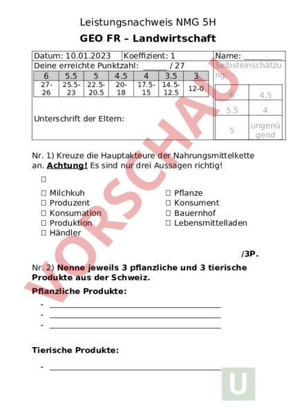 Arbeitsblatt: Leistungsnachweis GEOFR Landwirtschaft - Geographie - Schweiz