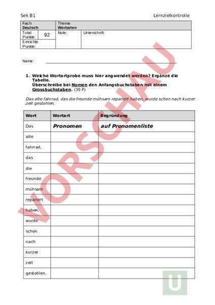 Arbeitsblatt: Test Wortarten - Deutsch - Grammatik