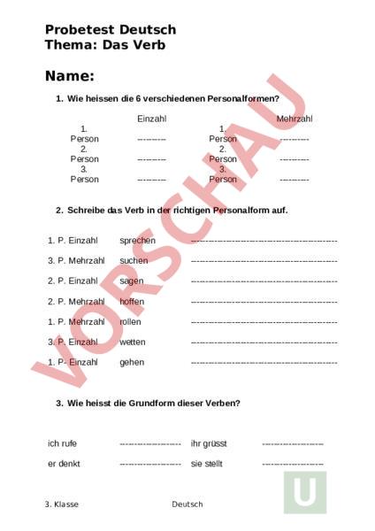 Arbeitsblatt: Probetest Verben - Deutsch - Grammatik