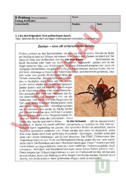 Arbeitsblatt: Textverständnis Zecken - Deutsch - Textverständnis