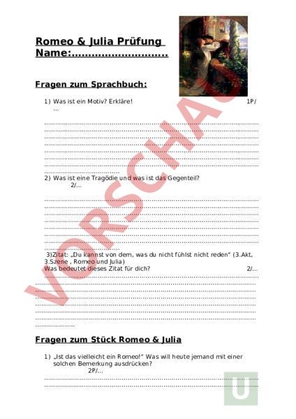 Figur Aus Romeo Und Julia 8 Arbeitsblatt: Romeo und Julia Leservstädnis - Deutsch - Textverständnis