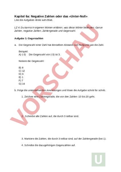 Arbeitsblatt: Arbeitsblatt Negative Zahlen - Mathematik - Algebra