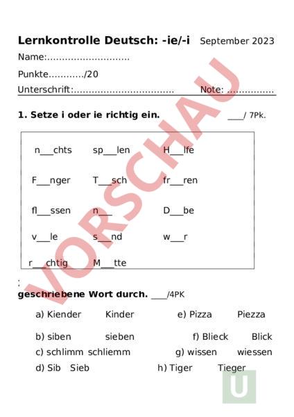 Arbeitsblatt: Lernkontrolle -ie/-i - Deutsch - Grammatik