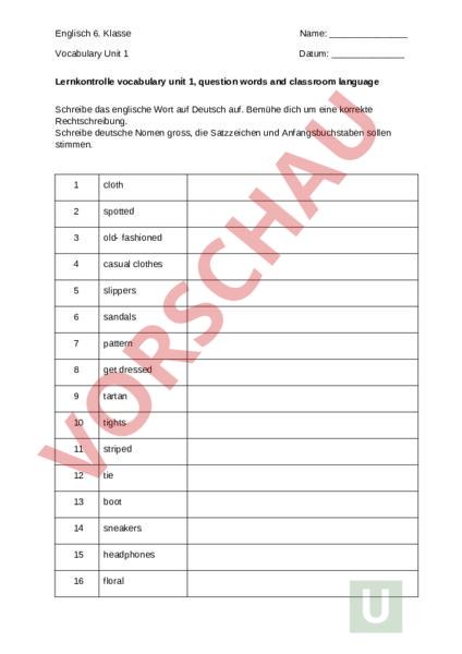 Arbeitsblatt: Englisch 6. Klasse - Englisch - Wortschatz