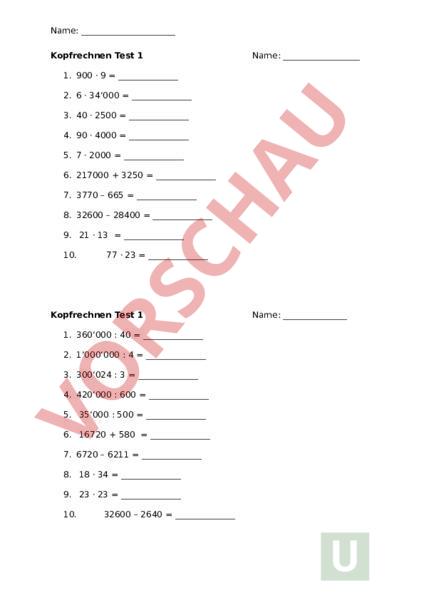 Arbeitsblatt: Kopfrechnungen Kurztest - Mathematik - Gemischte Themen