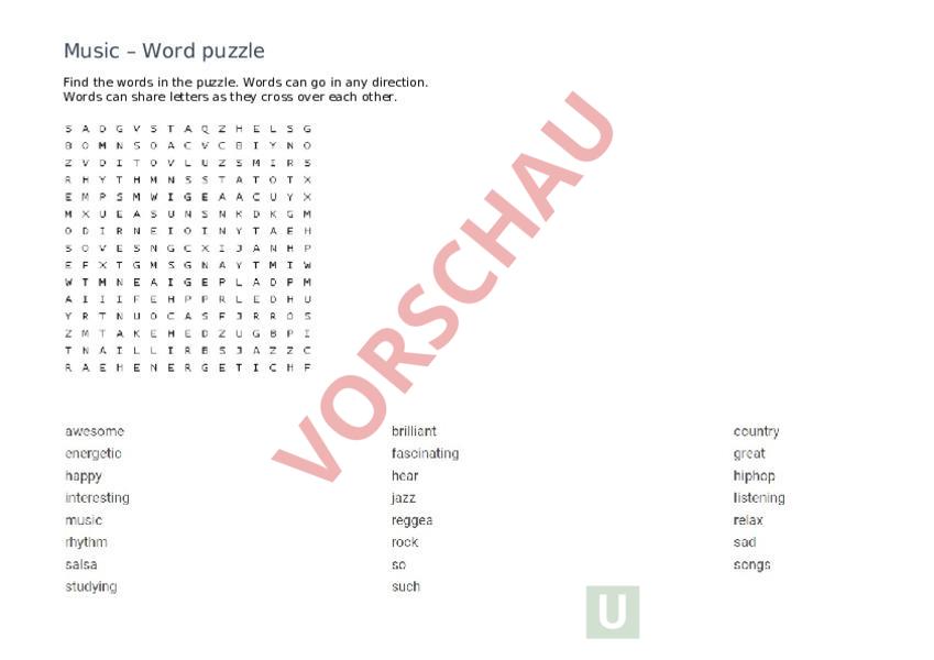 Arbeitsblatt Music word puzzle Englisch Wortschatz