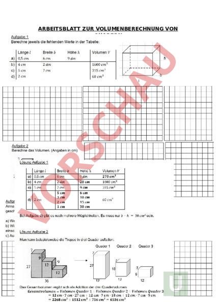 Arbeitsblatt Volumenberechnung von Quadern Geometrie Körper / Figuren