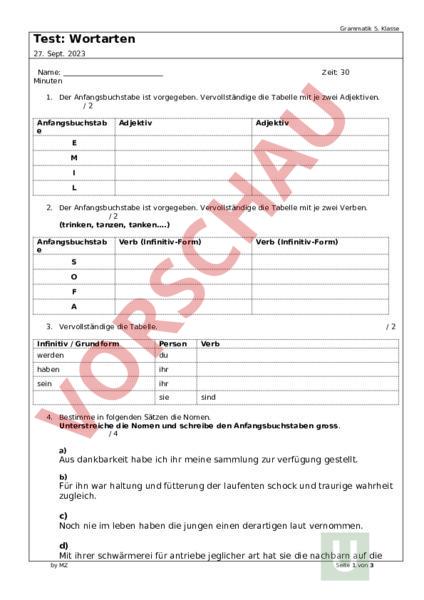 Arbeitsblatt: Grammatik Wortarten - Deutsch - Grammatik