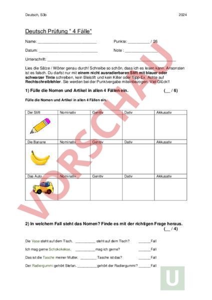 Arbeitsblatt: Prüfung 4 Fälle - Deutsch - Grammatik