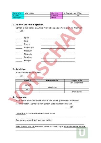 Arbeitsblatt: Test Wortarten - Deutsch - Grammatik