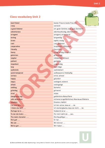 Arbeitsblatt Young World 3 W rterliste Unit 2 Englisch Wortschatz