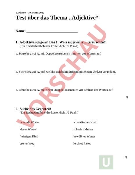 Arbeitsblatt: Adjektive Test - Deutsch - Grammatik