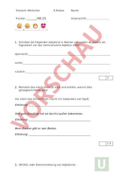 Arbeitsblatt: Wortarten Test - Deutsch - Grammatik